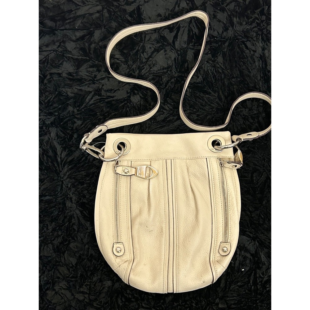 B Makowsky Beige Chartreuse Leather Crossbody Bag Silver Buckle and Keychain